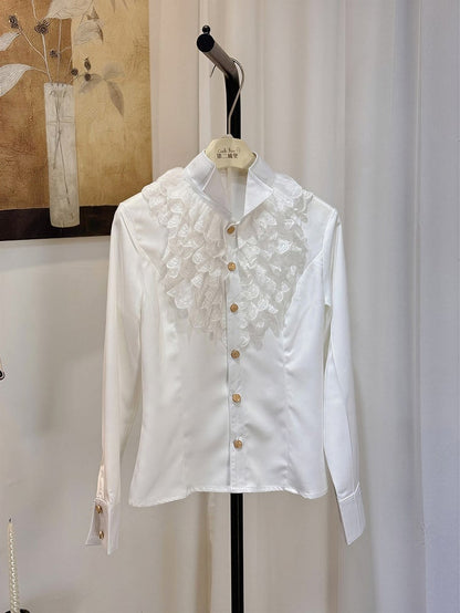 [pre-order Deadline: May 8] White Lace Ruffle High Collar Prince Shirt + Black Tailored Bermuda Shorts