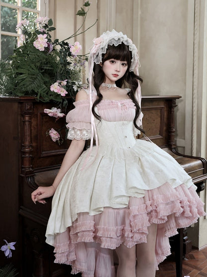 [pre-order Deadline: April 28] Pink X White Gothic Lolita Corset Layered Jsk Dress + Off-shoulder Lace Puff Top