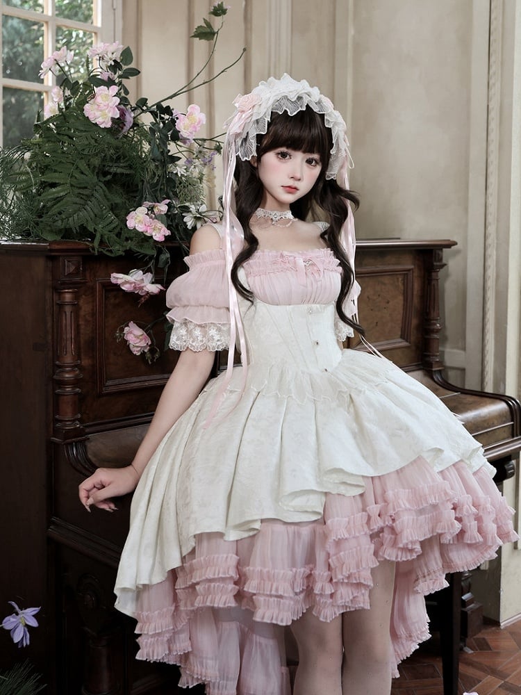 [pre-order Deadline: April 28] Pink X White Gothic Lolita Corset Layered Jsk Dress + Off-shoulder Lace Puff Top