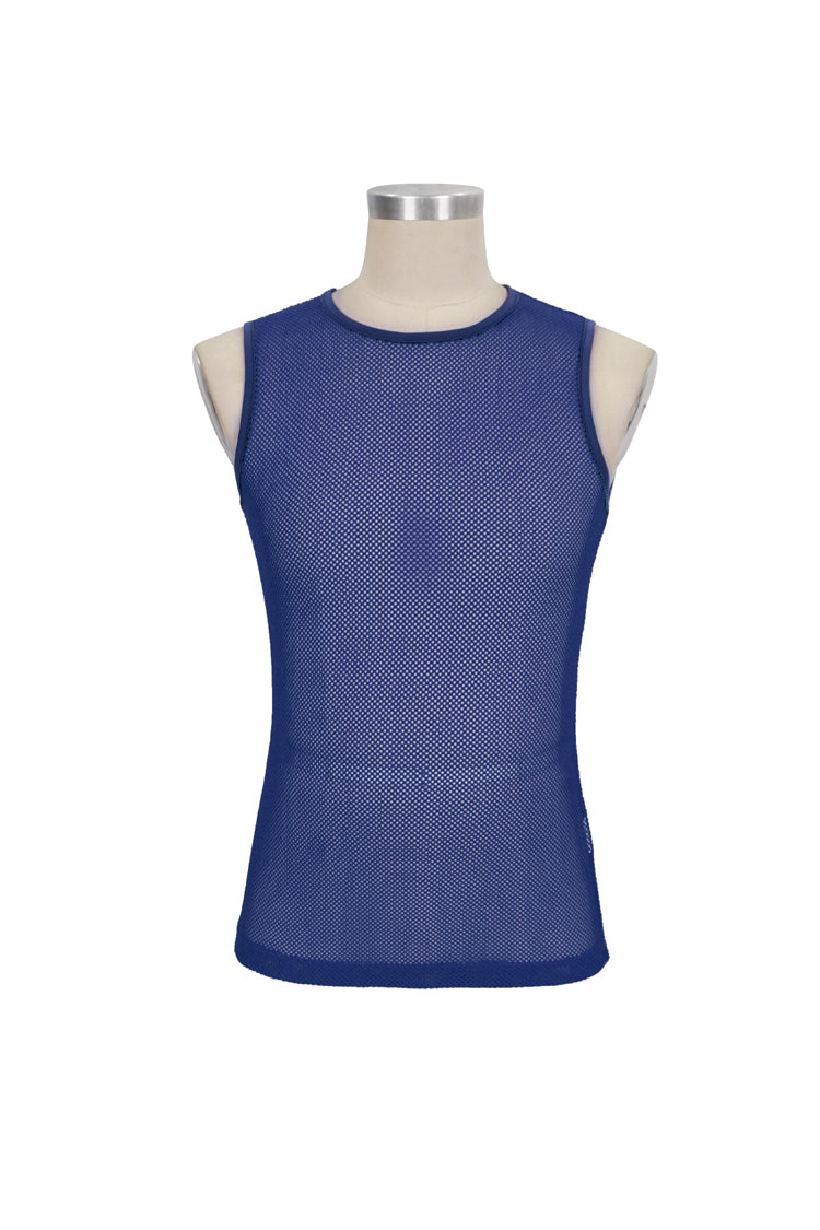 Blue Elasticity Perspective Rhombus Net Yarn Sleeveless Gothic T-shirt
