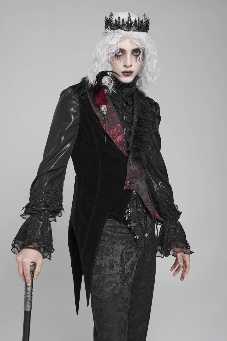 Black Long Sleeves Rose Print Irregular Contrast Color Gothic Vest With Detachable Feather Accessory