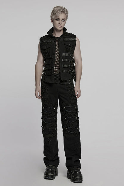 Black Stitching Mesh Rivet Buckle Punk Vest