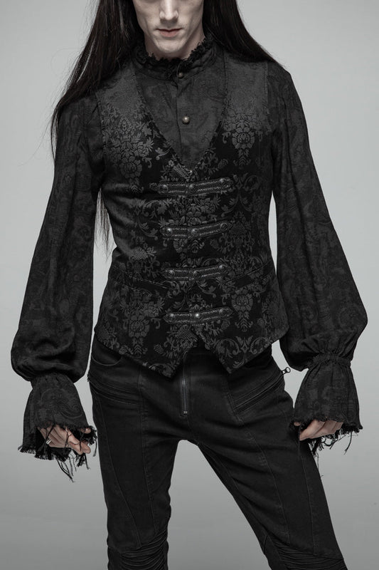 Black Retro Jacquard Front Woven Strap Metal Button Gothic Vest