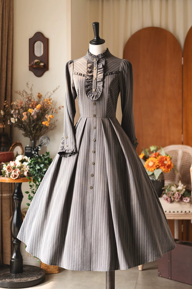 [forest Castle] Stand Collar Long Sleeves Striped Printed Ruffled Classic Lolita Dress 3 Colors