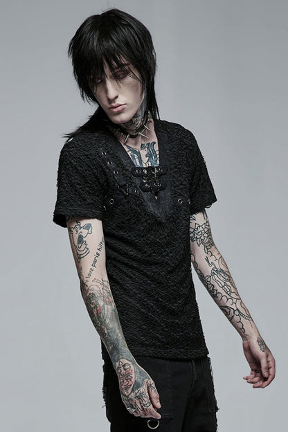 Black Short Sleeves Buckle Stitching Mesh Steampunk T-shirt