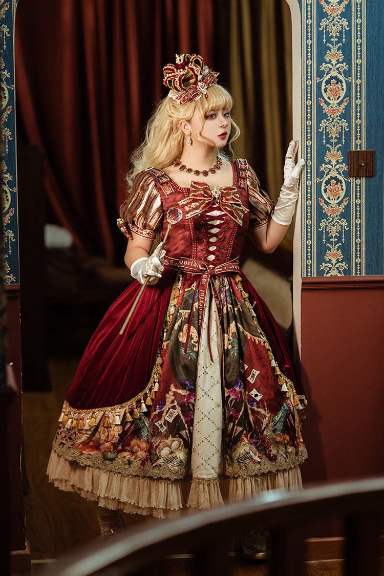 Red [kaleidoscope of Dreams] Double-layered Print Embroidery Bowknot Lace-up Classic Lolita Dress