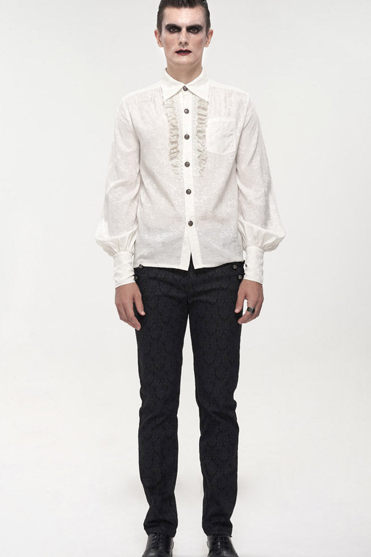 White Gothic Metal Pattern Buckle Long Sleeve Pleated Lace Lantern Shape Printing Pattern Shirt