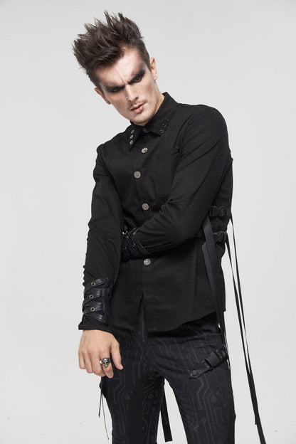 Black Nylon Strap Metal Buckle Decoration Long Sleeve Elasticity Punk Shirt
