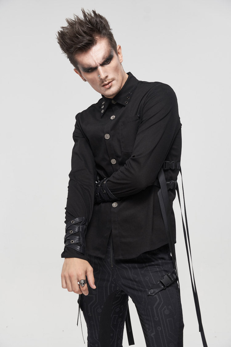 Black Nylon Strap Metal Buckle Decoration Long Sleeve Elasticity Punk Shirt