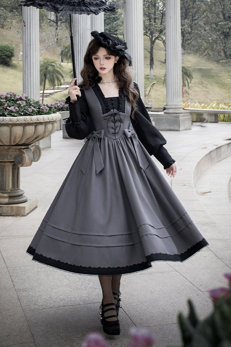 Grey [mist Chronicle] Square Collar Long Sleeves Bowknot Lace-up Color-block Fake Two Pieces Classic Lolita Dress