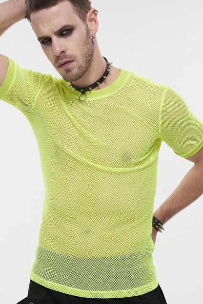 Yellow Gothic Crew Neck Diamond-shaped Net Hyperelastic Short Sleeve T-shirt