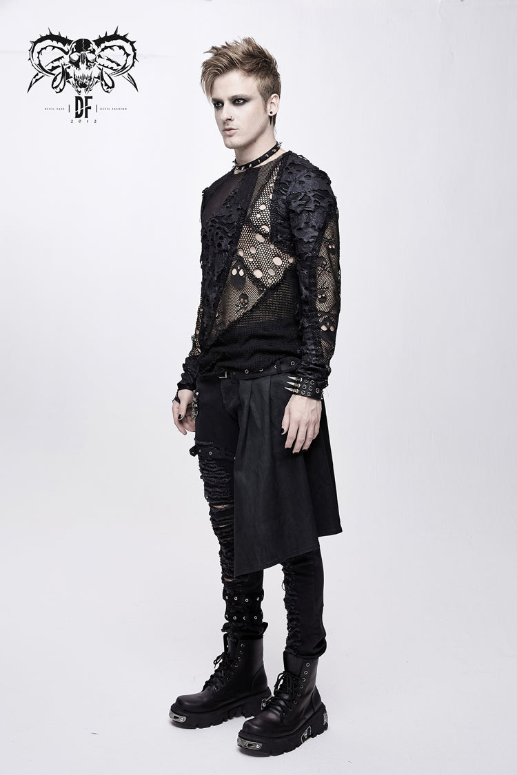 Black a Variety of Mesh Materials Stitching Unedged Broken Holes Round Collar Punk T-shirt