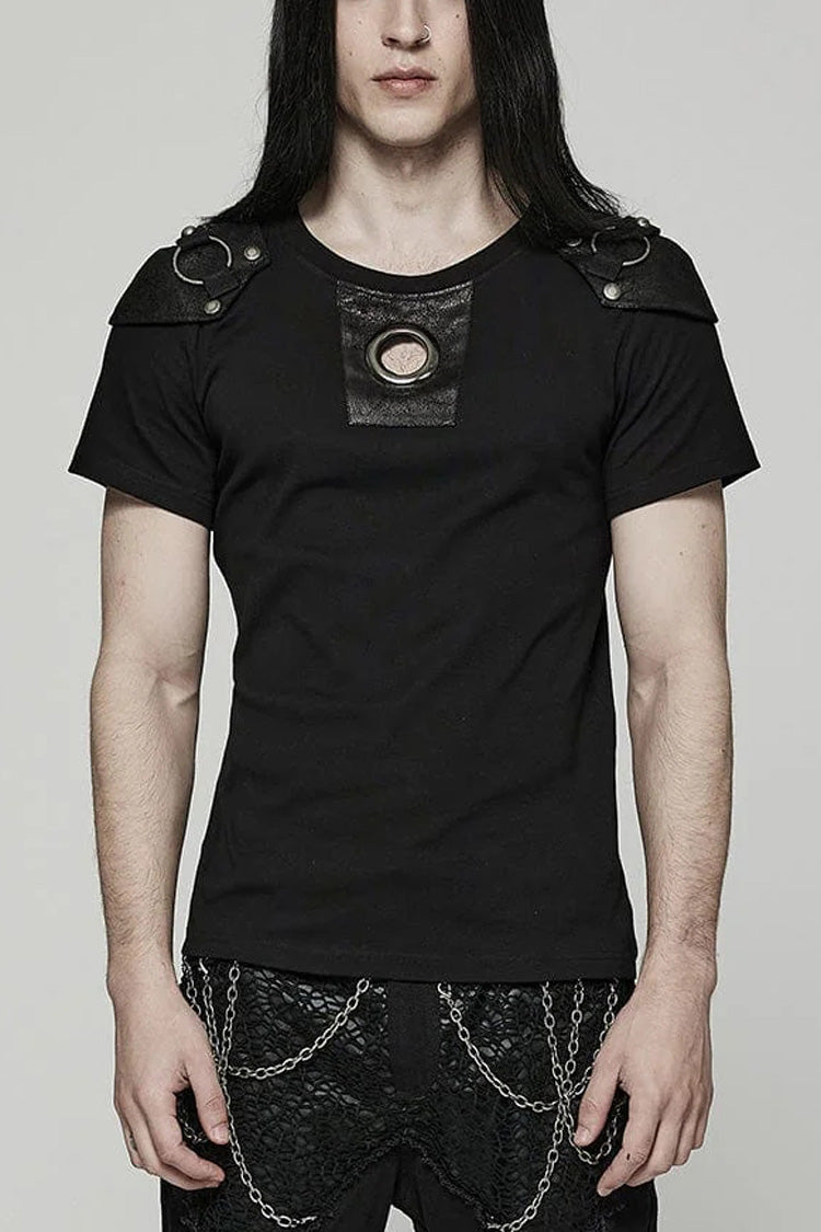 Black Short Sleeves Detachable Shoulder Pad Hollow Steampunk T-shirt