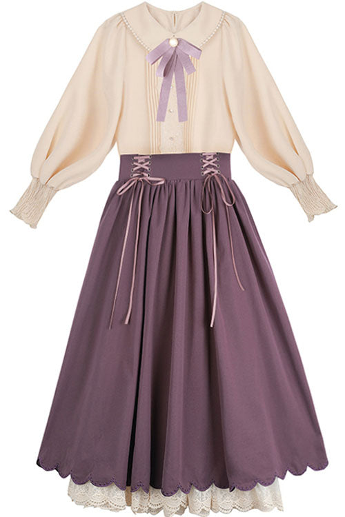 Color High Waisted Lace Wave Hem Two Pieces Classic Lolita Dress