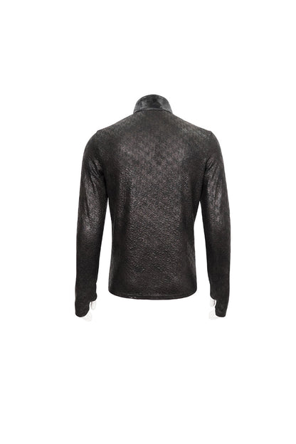 Black Stand Collar Long Sleeves Faux Leather Splice Gothic Shirt
