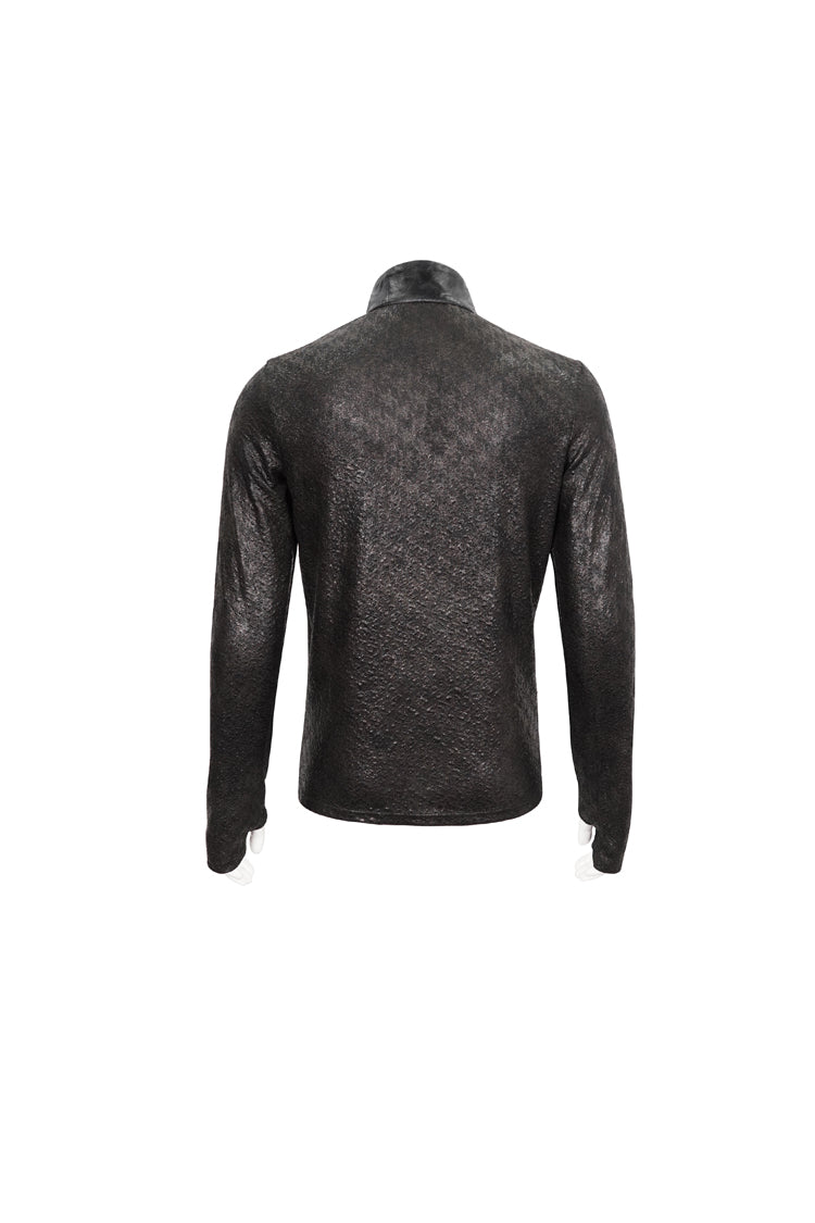 Black Stand Collar Long Sleeves Faux Leather Splice Gothic Shirt