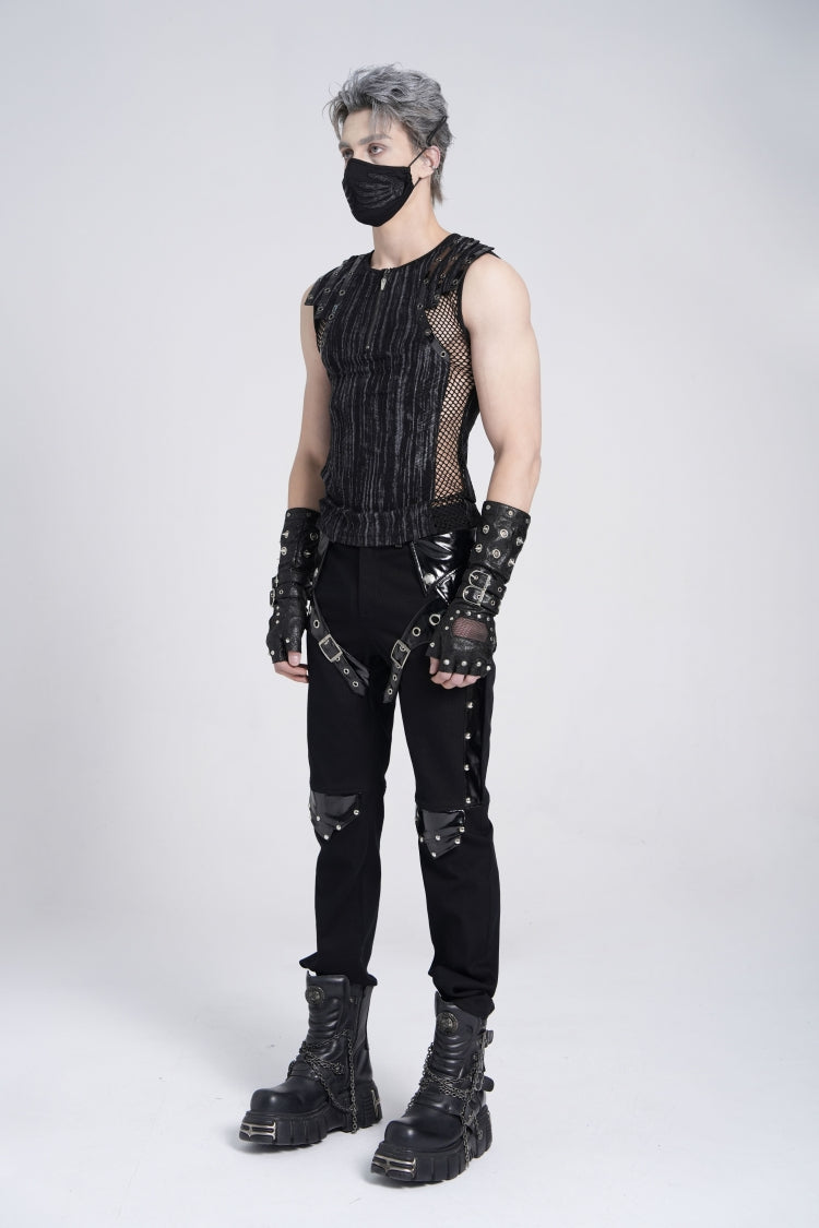 Black Sleeveless Ribbed Print Stitching Mesh Zipper Gothic Vest