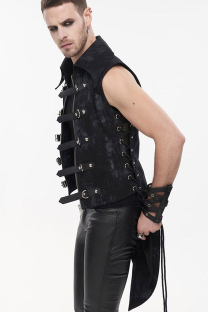 Black Punk Irregular Print D-shaped Buckle Decoration Waist Side Slits Tied Rope Tight Zipper Dovetail Vest
