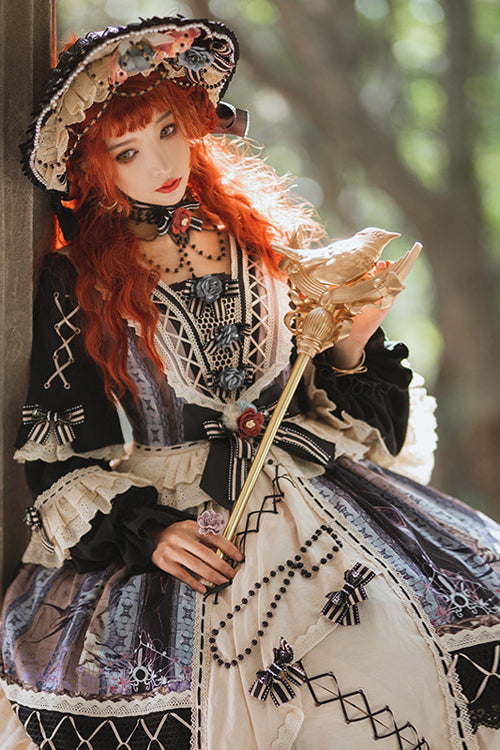 Multi-color Ruffled Sleeve Retro Printed High Waist Classic Lolita Op Dress