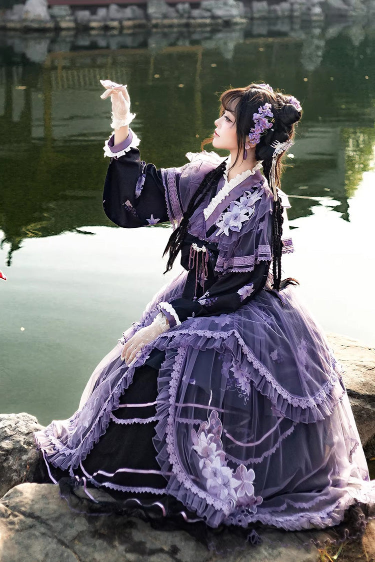 Purple [violet Gauze Lily] Stand Collar Long Sleeves Ruffled Embroidered Bow Classic Chinese Style Lolita Dress Set