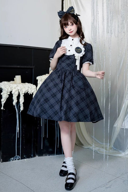 Showa Summer Plaid Print Daily Short Sleeves Classic Princess Lolita Dress 2 Colors