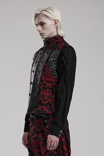 Black/red Stand Collar Jacquard Print Stitching Metal Ring Decoration Gothic Vest