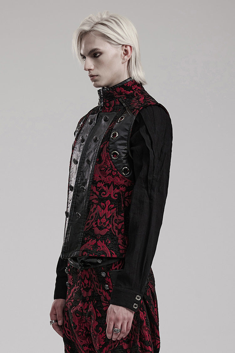 Black/red Stand Collar Jacquard Print Stitching Metal Ring Decoration Gothic Vest