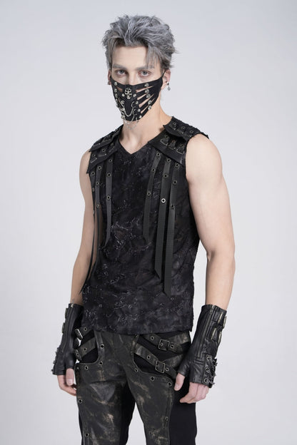 Black Sleeveless Eyelet Strap Distressed Gothic Vest