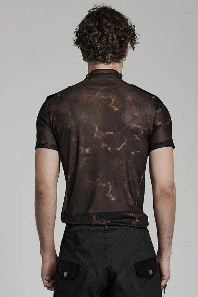 Stand Collar Short Sleeves Print Slim Steampunk T-shirt 2 Colors