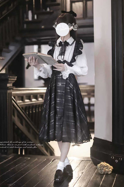 Black Plaid Print Classic College Style Lolita Strap Dress