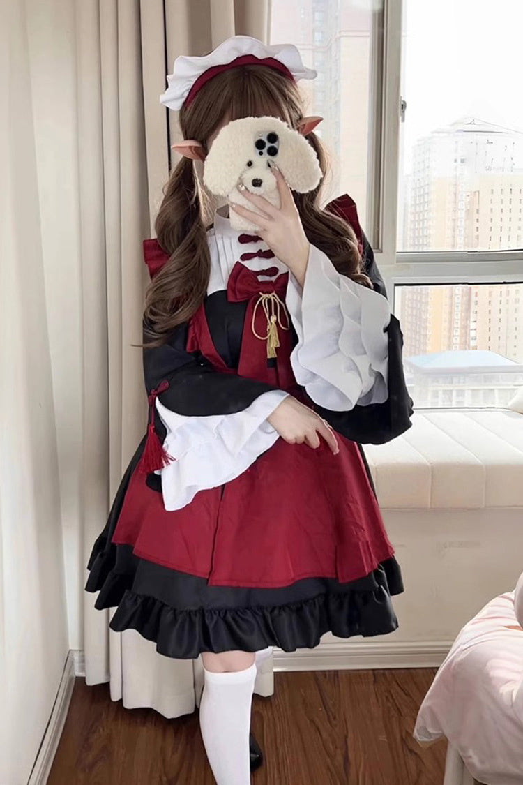 Black/red Maid Long Trumpet Sleeves Ruffle Bowknot Classic Chinese Style Lolita Dress Full Set