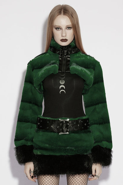 Green Stand Collar Long Sleeves Buckle Straps Faux Fur Punk Short Cloak