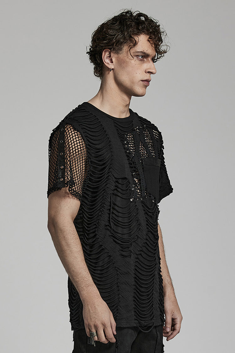 Black Short Sleeves Stitching Mesh Ripped Punk T-shirt