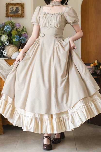 Light Khaki [chantilly Forest] Square Collar Short Sleeves Striped Printed Ruffled Classic Lolita Dress