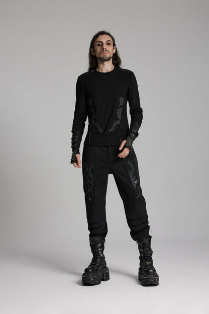 Black Round Collar Long Sleeves 3d Amor Patch Print Punk T-shirt