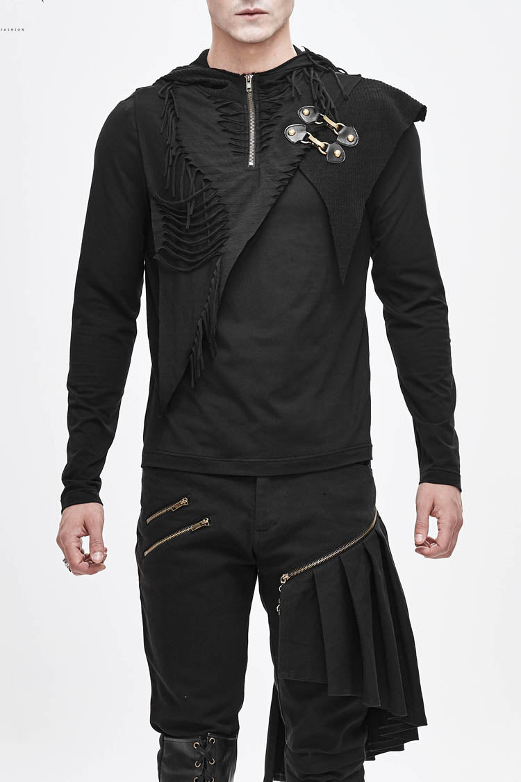 Black Long Sleeves Asymmetric Tatters Strip Leather Metal Loop Hooded Punk T-shirt