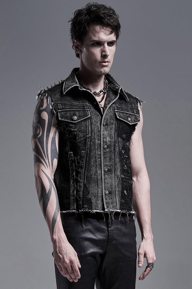 Black Rivets Lapel Collar Sleeveless Steampunk Denim Vest