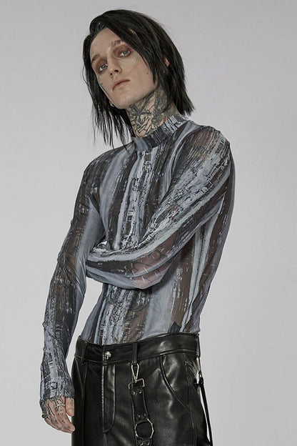 Black/grey Punk High Collar Technology Sense Printing Elasticity Tight Long Sleeves Shirt