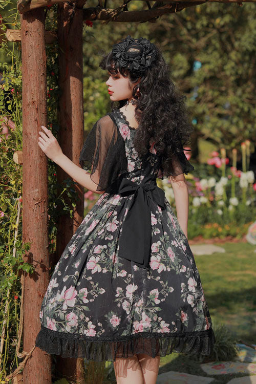 Black French Rose Print Square Collar Ruffled Classic Lolita Op Dress