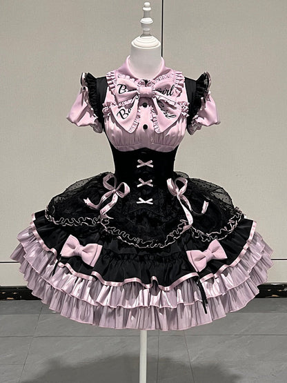 [order Deadline: May 12] Black Purple Lolita Idol Ribbon Puff Sleeve Shirt + Corset Tulle Pull-up Jks Dress Set