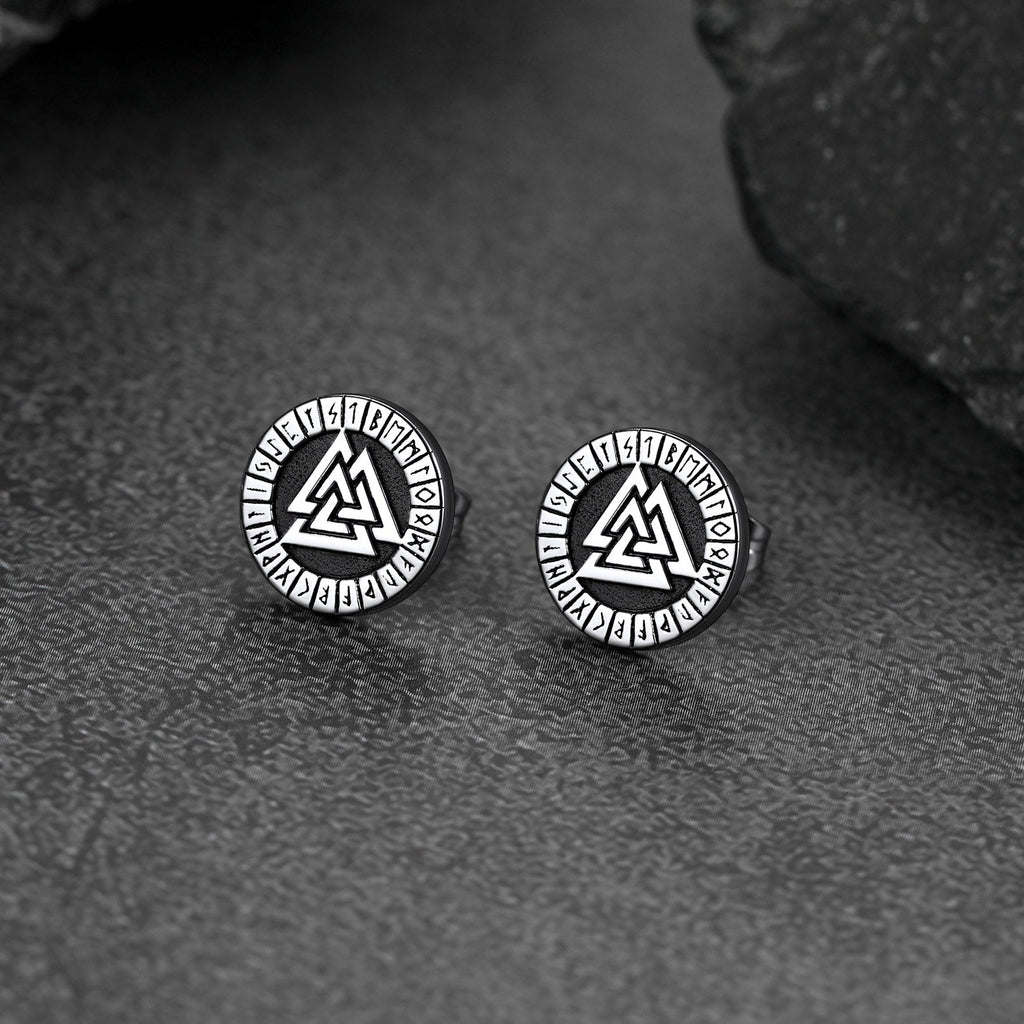 Viking Valknut Black Stud Earrings for With Runes
