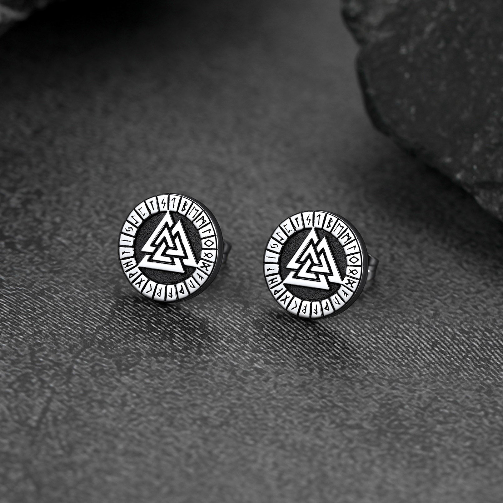 Viking Valknut Black Stud Earrings for With Runes