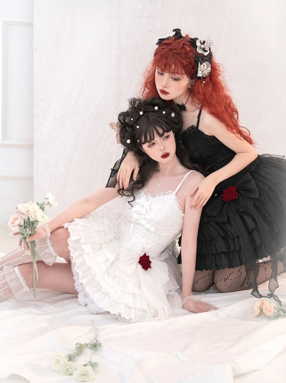 Rose Ribbon Tulle Lace Up Tiered Cami Dress