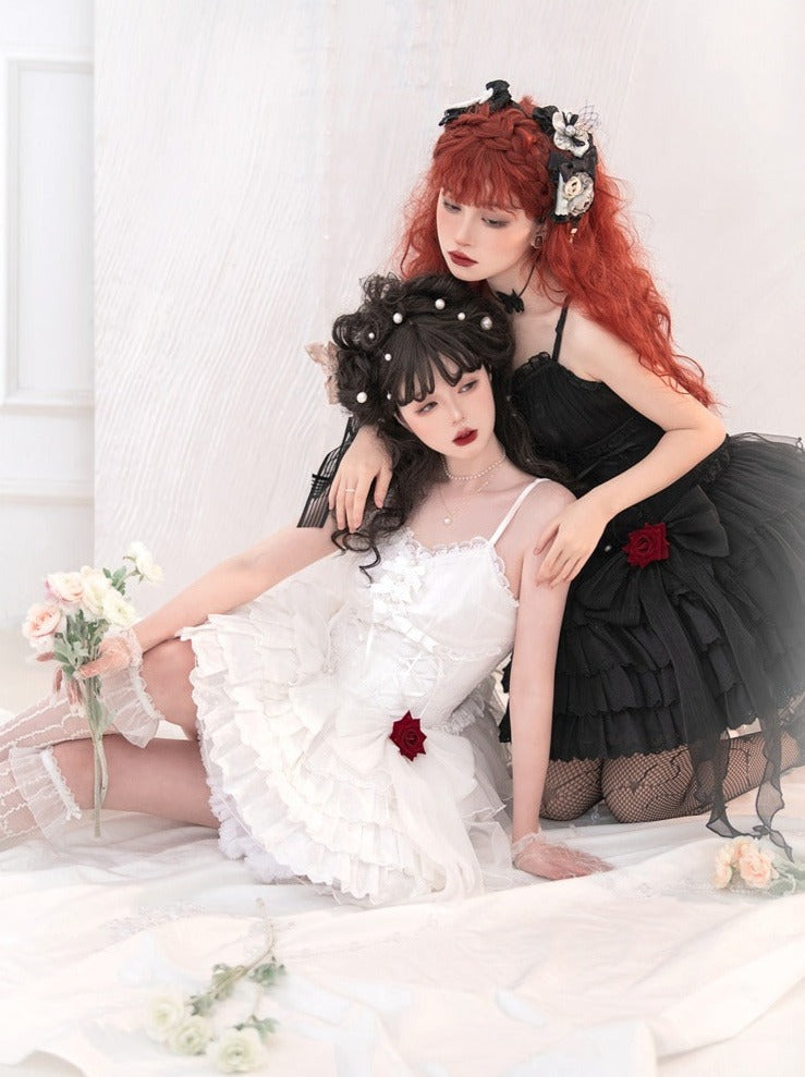 Rose Ribbon Tulle Lace Up Tiered Cami Dress