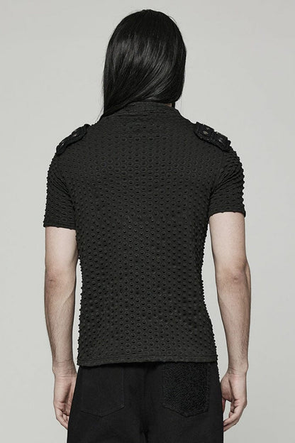 Black Short Sleeves Mesh Bubble Buckle Zipper Steampunk T-shirt