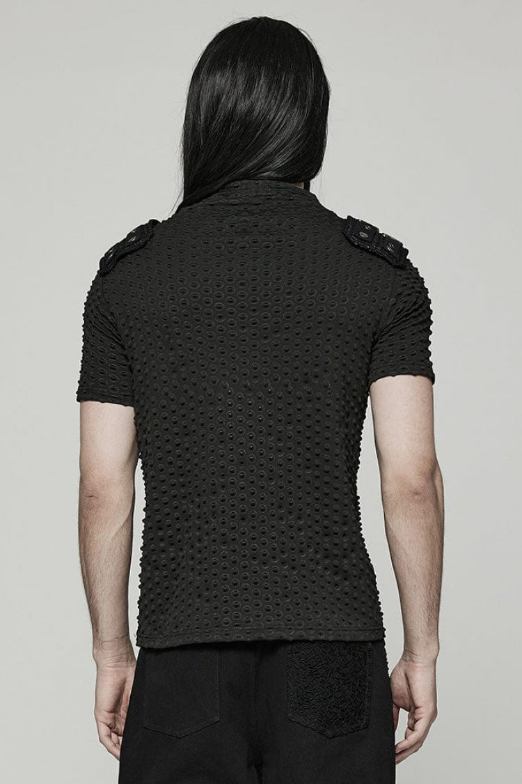 Black Short Sleeves Mesh Bubble Buckle Zipper Steampunk T-shirt