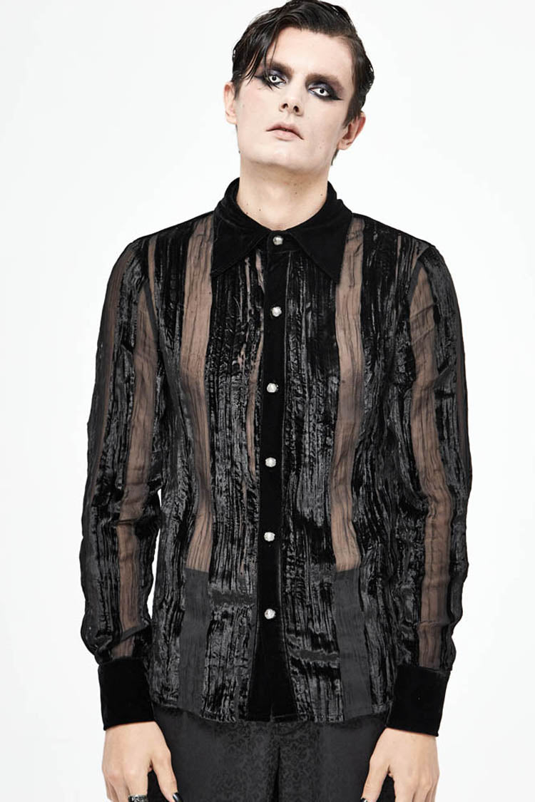 Black Striped Velvet Fold Mushroom Metal Buckles Long Sleeve Irregular Gothic Shirt