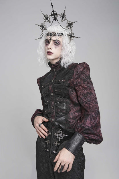 Black/red Stand Collar Long Lantern Sleeves Print Embroidery Gothic Blouse