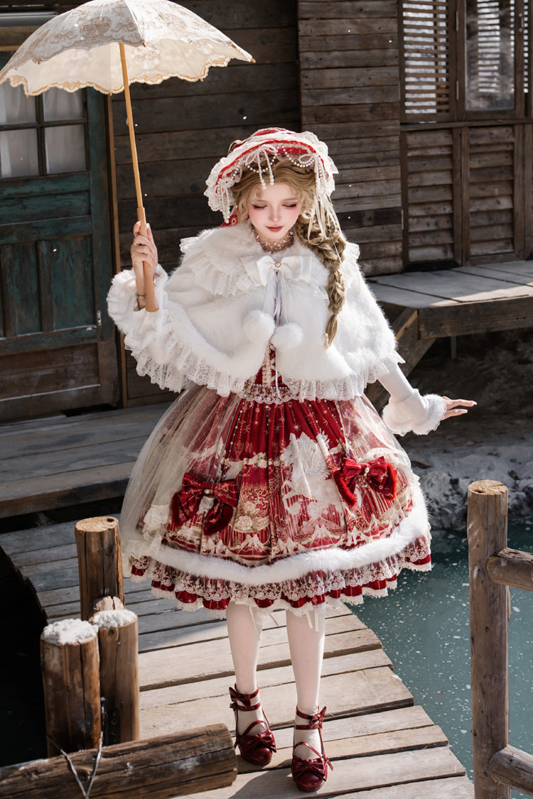 Red [happy New Year] Printed Ruffled Bow Lace Classic Chinese Style Lolita Jsk Dress