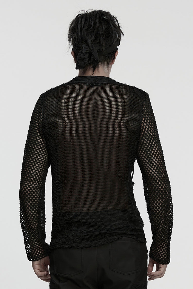 Black Long Sleeves Mesh Eyelet Punk T-shirt